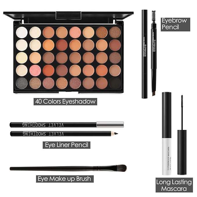 All In On Makeup Eye Set Cosmetics Kit for Teens and Adults, Includes Eyeshadow, Make Up Brushes, Mascara, Eyebrow Pencil, Eyeliner