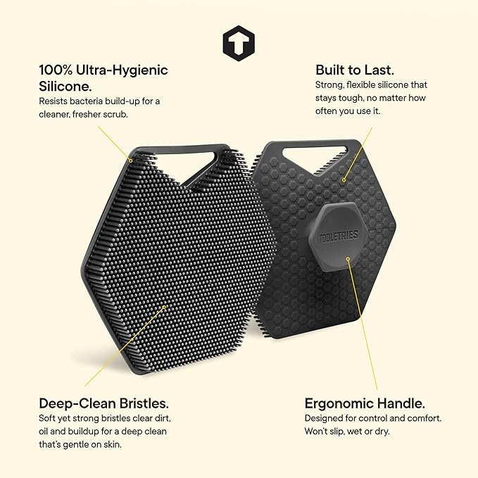 TOOLETRIES Body Scrubber 2.0 – Premium Silicone Scrubber for Cleaning, Exfoliating Your Skin – Extra Long Lather Boosting Bristles with Ergonomic Handle, Long-Lasting & Easy to Clean - Charcoal