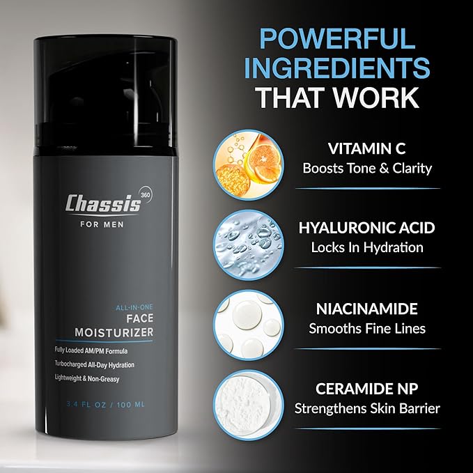 Chassis 360 All-In-One Face Moisturizer - Hydrating Face Moisturizer for Men with Vitamin, Niacinamide C & Hyaluronic Acid - Free From Phthalates, Parabens & Retinol - Facial Lotion- 3.4 Fl Oz