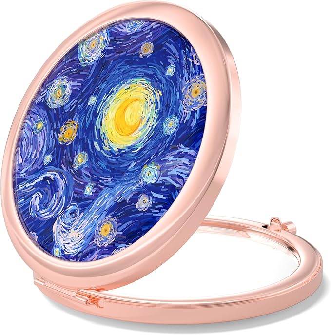 Nipichsha Compact Mirror, Pocket Travel Makeup Mirror, 2 - Sided 2X / 1X Magnification, Small Folding Portable Handheld, 2.75 in Rose Gold, Starry Night