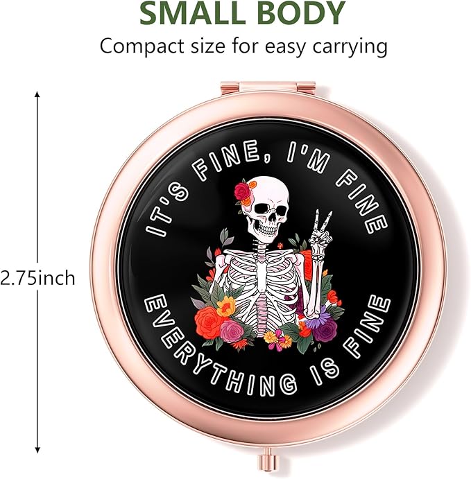 Nipichsha Compact Mirror, Pocket Travel Makeup Mirror, 2 - Sided 2X / 1X Magnification, Small Folding Portable Handheld, 2.75 in Rose Gold, Flower Skull