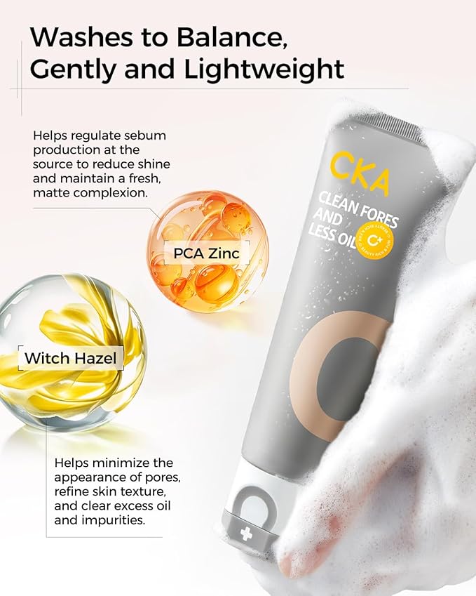 CKA Deep Pore Cleanser, Facial Foam Cleanser Oil Control Makeup Remover 2 in 1 Dual-Chamber, Minimizes Blackhead with Amino Acid, Daily Face Wash for Oily/Sensitive Skin