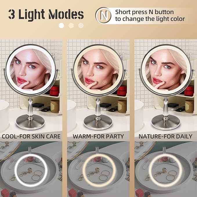 9 "Large Light Makeup Mirror, 1x / 10x True HD Magnifying Mirror, 3-Color Light dimmable, 2 Rechargeable Makeup Mirrors 360° Rotation, Standing Desk Makeup Mirror, Brush Nickel