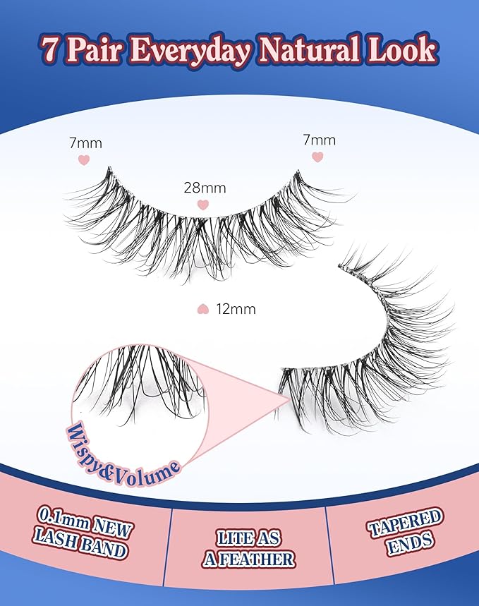 Eyelashes Natural Look Wispy Lashes Flared Strip False Eyelash Short Lash Soft False Eyelashes Fluffy Pack 7 Pairs Everyday 12MM D86