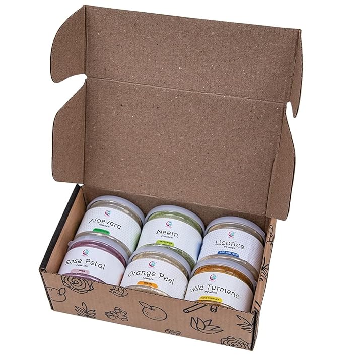 YOGI’S GIFT – Celebrating health Ayurvedic Skin Care Sampler | Six Powders in One Pack | Aloe vera, Rose petal, Wild Turmeric, Licorice, Neem & Orange Peel Powders 1oz Each | Soap Making Ingredient