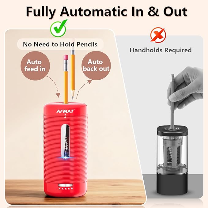 AFMAT Electric Pencil Sharpener, Fully Automatic Pencil Sharpener, Auto in & Out, Rechargeable Hands-Free Sharpeners for Jumbo & Colored Pencils (6.5-12mm), Portable for Home/Classroom/Office PSC2