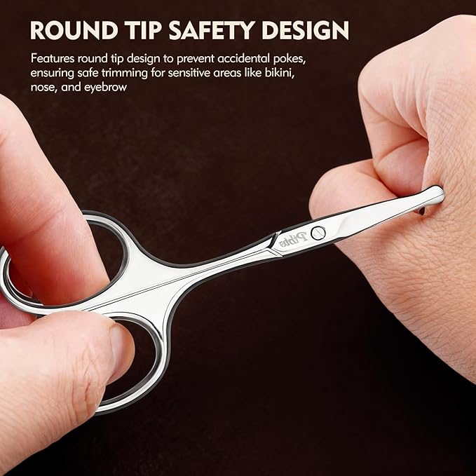 Eyebrow Scissors, 3.75 Inch Round Tip Safety Scissors for Nose Hair, Mustache & Bikini Trimming, Professional Stainless Steel Small Grooming Scissors with Travel Case