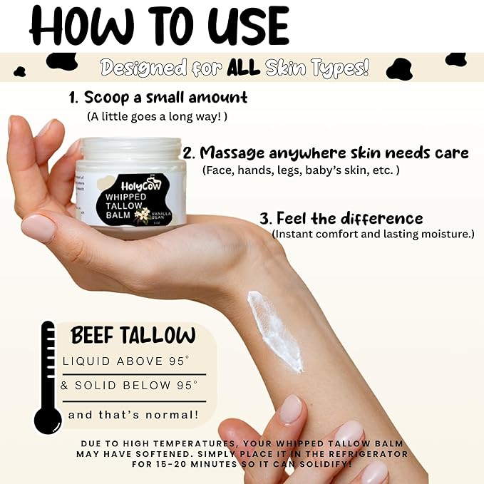 HolyCow Beef Tallow For Skin - Whipped Tallow Balm with Organic Jojoba Oil, Grass Fed Beef Tallow Face Moisturizer for Eczema, Baby, Lip Balm - Lotion For Extremely Dry Skin (Vanilla Bean)