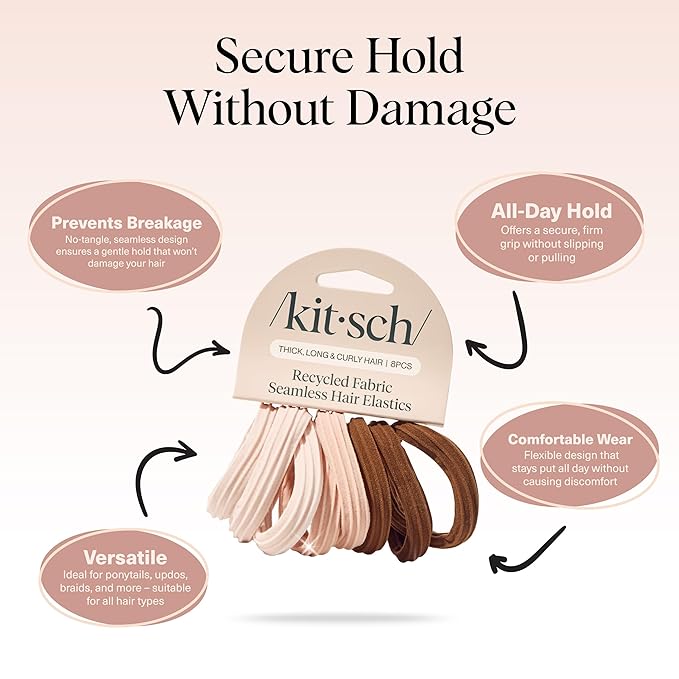 Kitsch Hair Ties No Damage - Strong, Stretchy Hair Bands | Soft Nylon Ponytail Holders, Snag-Free Rubber Bands, Perfect for Updos & Braids | Ideal Gifts for Women - Rosewood, 8pcs