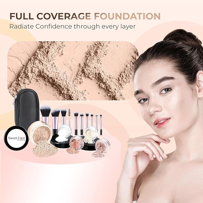 16pc Beginner Mineral Makeup STARTER KIT with 10 BRUSH SET (5gm)Sample Size Foundation, Primer, Blush, Bronzer, Setting Powder for Learning, Occasional Use & First Time Users, Travel Size Kit (Fair 2)