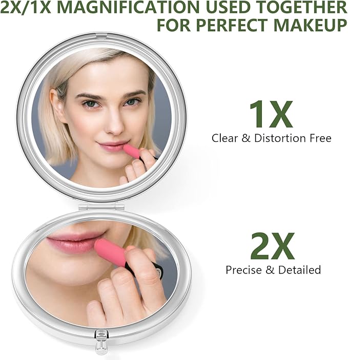 Nipichsha Compact Mirror, Pocket Travel Makeup Mirror, 2 - Sided 2X / 1X Magnification, Small Folding Portable Handhelds, 2.75 in Silver, Simple Abstract Art