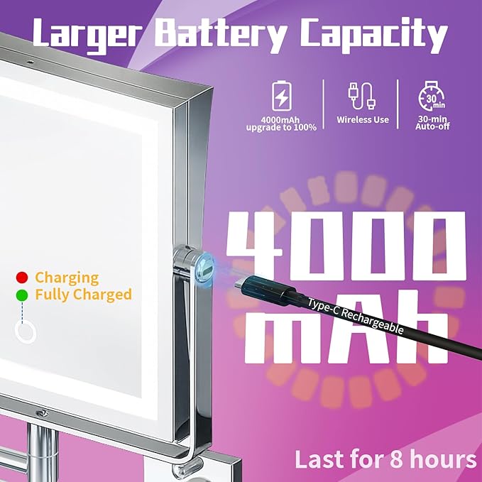 Wall Mounted Makeup Mirror with Lights 4000mAh Rechargeable Double Sided 1X/10X Magnifying Lighted Vanity Mirror with 3 Color Lights & Touch Dimmable 360° Rotation Extension Swing Arm for Bathroom