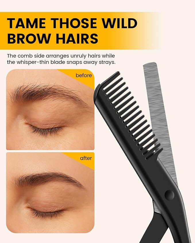 BEZOX Eyebrow Scissors with Comb - Stainless Steel Eyebrow Trimmer for Women and Men, Precision Eye Brow Comb Scissors, Sleek Eyebrows Shaping Grooming Kit - Black