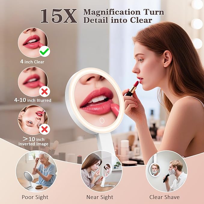 Travel Makeup Mirror with 3 Color Lights, 15X/1X Double Sided Lighted Magnifying Mirror, Portable Handheld Mirror, Gift For Women 3 in 1 Tabletop/Handheld/Hanging, Home, Office, Trip Gifts For Her