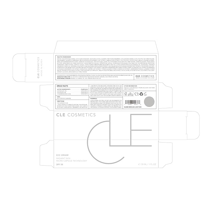 CLE Cosmetics CCC Cream (Warm Medium Light 203 / SPF 50) - Color Correcting With Sunscreen - Lightweight, Hydrating Foundation - BB & CC Hybrid - Light to Medium Coverage - 1 fl oz