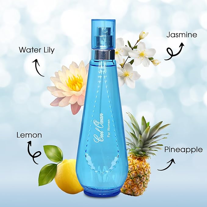 Cool Ocean Women Eau de Parfum Spray Perfume, Fragrance For Women-Daywear, Casual Daily Cologne Set with Suede Pouch- 3.4 Fl Oz Bottle Beauty Gift for Birthday, Anniversary