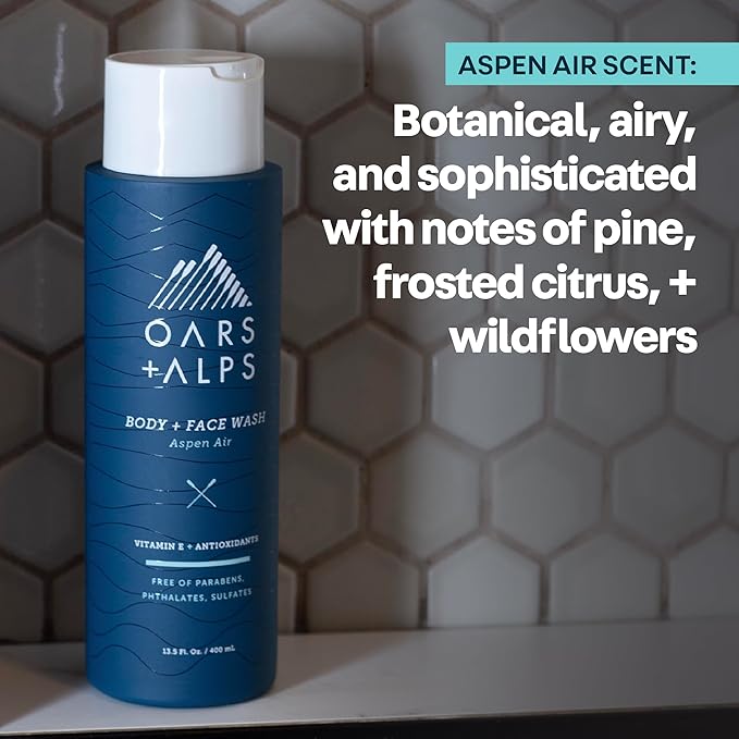 Oars + Alps Body and Face Wash for Men, Mens Body Wash & Face Cleanser with Vitamin E and Antioxidants, Moisturizing, Hydrating, Paraben & Sulfate Free Cleanser, Aspen Air, 2pk