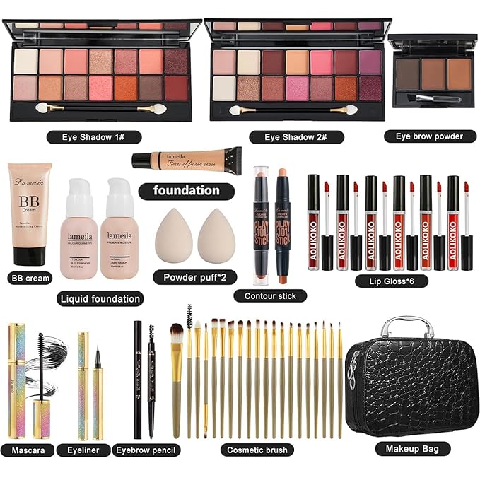 All in One Makeup Kit for Women Full Kit,Makeup Set for Women, Includes Eyeshadow Palette/Foundation/lip gloss/Eyeliner/Mascara/makeup Brush,Makeup Gift Set for Christmas & Birthday&Holiday&Everyday.
