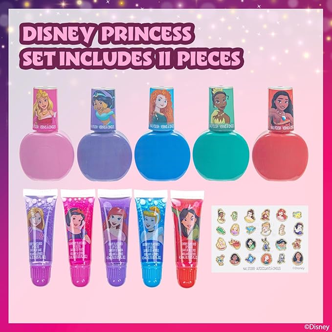 Disney Princess Sparkly Cosmetic Makeup Set for Girls with Lip Gloss Nail Polish Nail Stickers 11 Pcs Perfect for Parties Sleepovers Makeovers Birthday Gift by Townley Girl