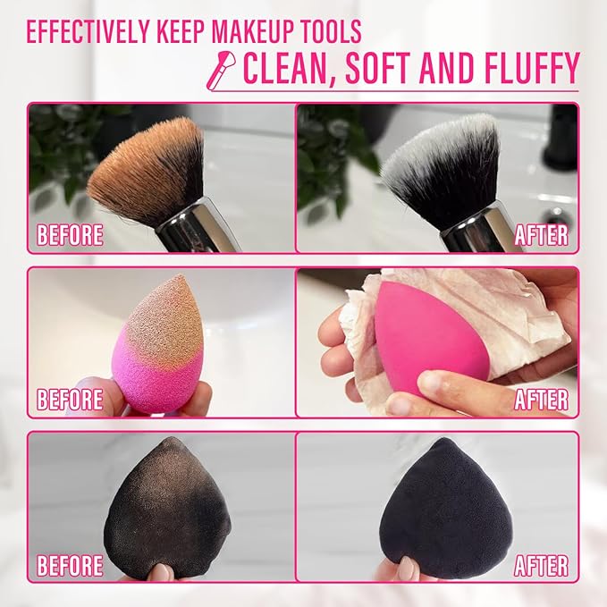 Makeup Brush Cleaner Solution, 6.8 Fl Oz Deep Cleansing Make Up Brush Cleaner Cleanser for Brushes, Sponge, Puff, Professional Makeup Brush Shampoo with Foldable Silicone Cleaner Bowl
