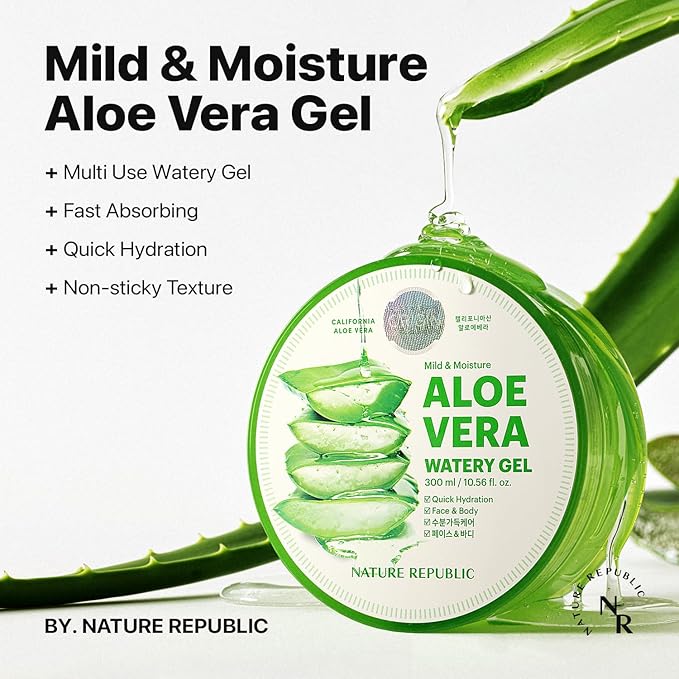 Nature Republic MILD & MOISTURE ALOE VERA WATERY GEL (1 PCS) Quick Hydration & Moisturizing,fast absorbing non-sticky texture,korean skin care for Face,Hair,Sunburn relief, aftershave, all Skin Types