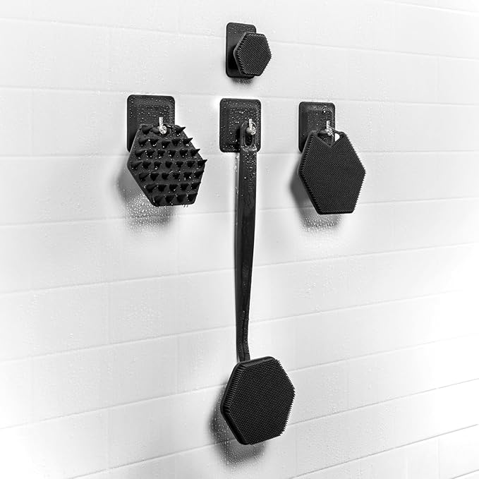 TOOLETRIES The Scrub King - Men's Silicone Body and Face Scrubber Set - Back Scrubber for Shower, Body Scrubbers, Storage Hooks, & Face Brush Holder - Shower Accessories for Men - Charcoal
