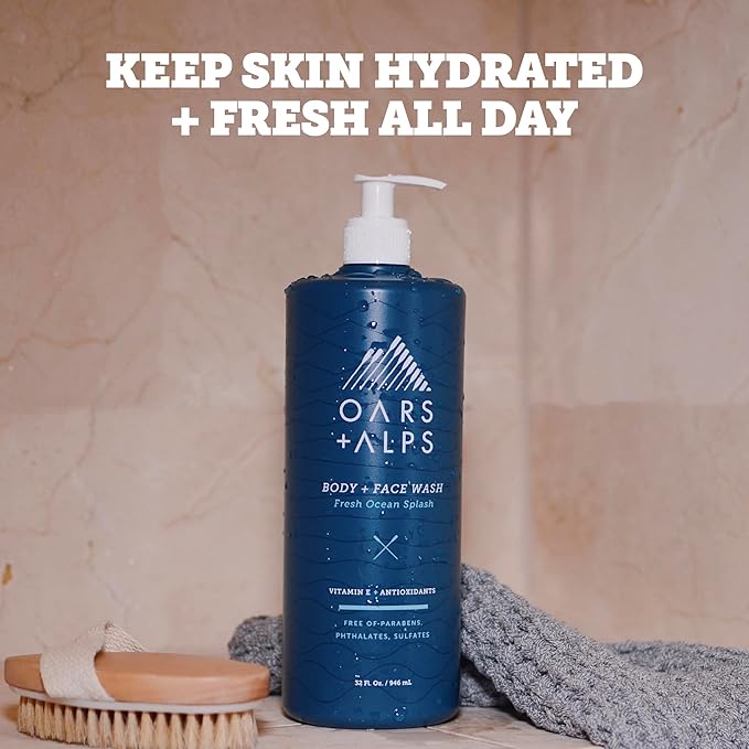 Oars + Alps Mens Moisturizing Body and Face Wash, Skin Care Infused with Vitamin E and Antioxidants, Sulfate Free, Fresh Ocean Splash 32oz