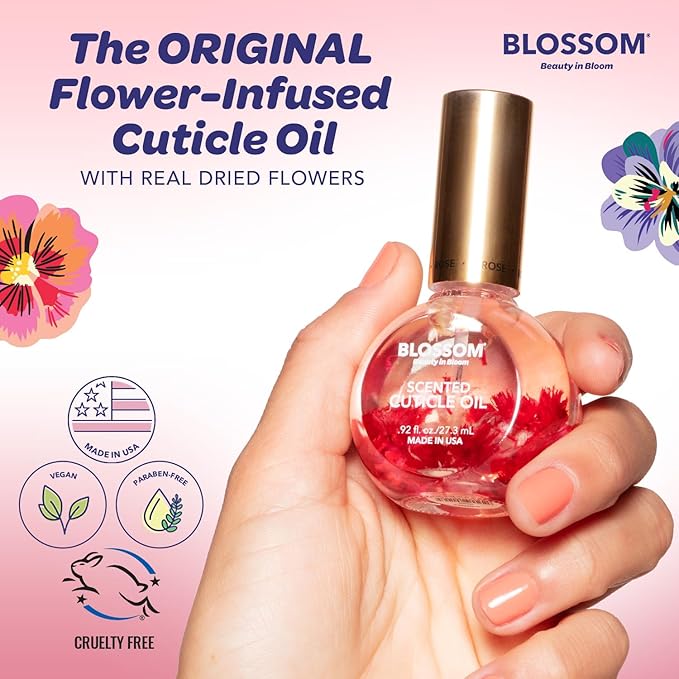 Blossom Cuticle Oil for Nails, Hydrating, Moisturizing, Scented Nail Oil Cuticle Care, Infused with Real Flowers, Made in USA, 0.5 fl. oz, Rose