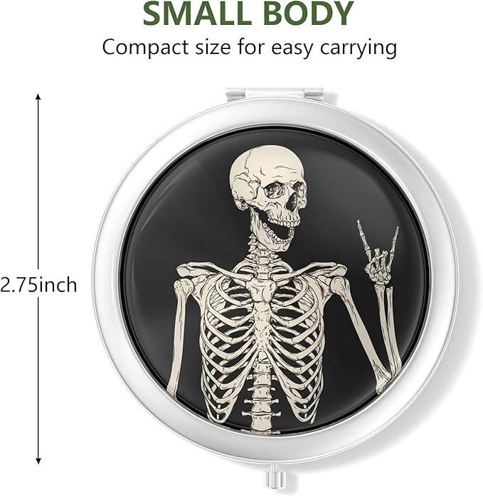 Nipichsha Compact Mirror, Pocket Travel Makeup Mirror, 2 - Sided 2X / 1X Magnification, Small Folding Portable Handheld, 2.75 in Silver, Skull