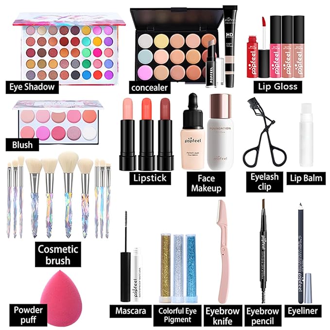 All in One Makeup Kit for Women Full Kit, Christmas Day Gifts for Women Girls, Makeup Essential Bundle Include Eyeshadow Palette Lipstick Blush Foundation Concealer Mascara Eyebrow Pencil