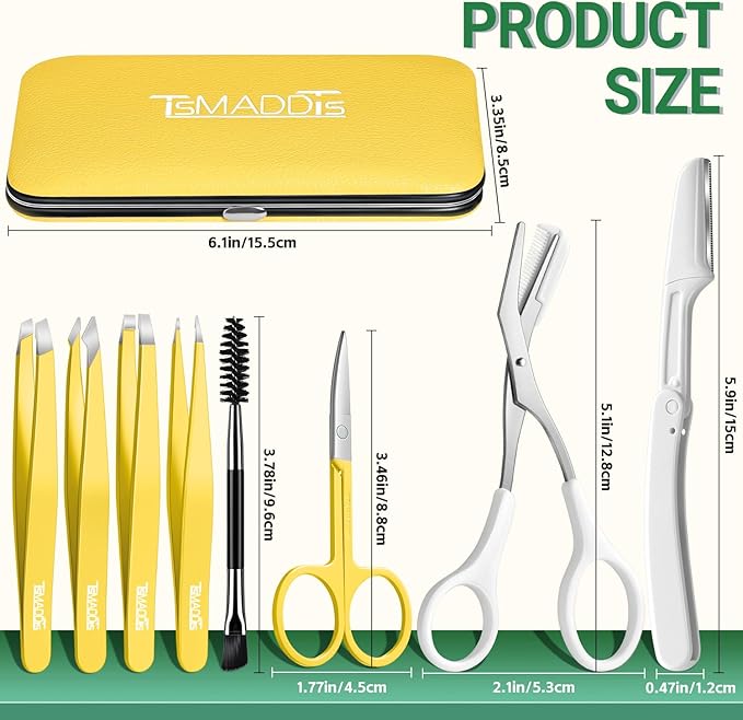 TsMADDTs Eyebrow Trimmer Kit, 8 in 1 Tweezers Set for Women with Eyebrow Trimmer Scissors, Tweezers, Razor, Brush with Travel Bag