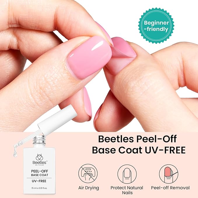 Beetles Peel Off Base Coat for Gel Nail Polish, Air Dry No Lamp15ml Base Coat Nail Polish Nail Practice Beginner Friendly Easy Removal Gentle Formula for Press On Nail DIY Nail Art Gifts for Women