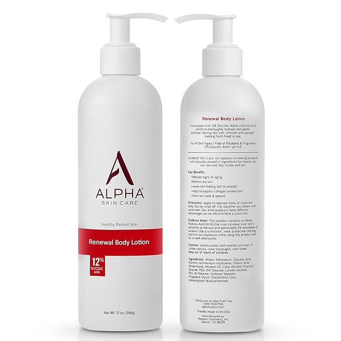 Alpha Skin Care Revitalizing Body Lotion, 12% Glycolic AHA, Simple & Effective Daily Moisturizer with Alpha Hydroxy Acid, Hydrates & Exfoliates for Soft, Smooth Skin, Anti-Aging, 12 Oz