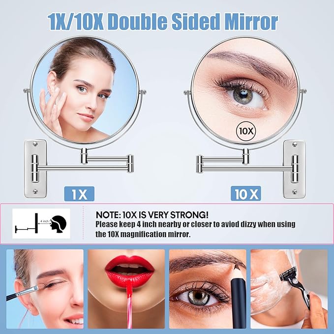 Large Size 9-in Wall Mounted Magnifying Makeup Mirror 1X/10X Magnification,Extendable Bathroom Mirrors Wall Mount Vanity Mirror for Shaving,12-in Folding Arm,Flexible Adjustable,Space-Saving,No Light