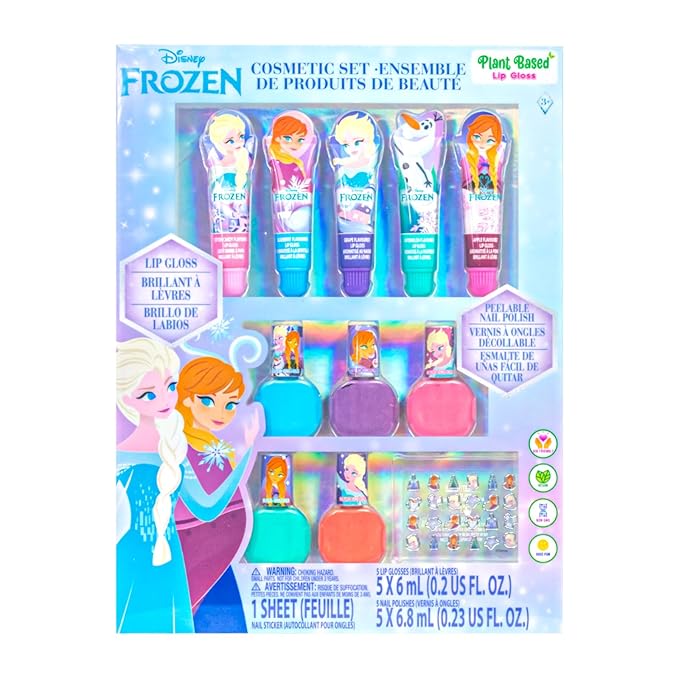 Disney Frozen 2 Super Sparkly Cosmetic Makeup Set for Girls with Lip Gloss Nail Polish Nail Stickers 11 Pcs Perfect for Parties Sleepovers Makeovers| Birthday Gift for Girls by Townley Girl