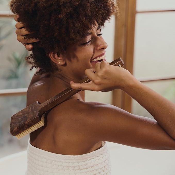 Luxury Natural Walnut Wood Boar Bristle Body Brush | Exfoliating & Detoxifying for All Skin Type | Sweeps Away Dead Skin Cells for Luminous, Smooth Skin | for Wet and Dry Use (Long Handle)