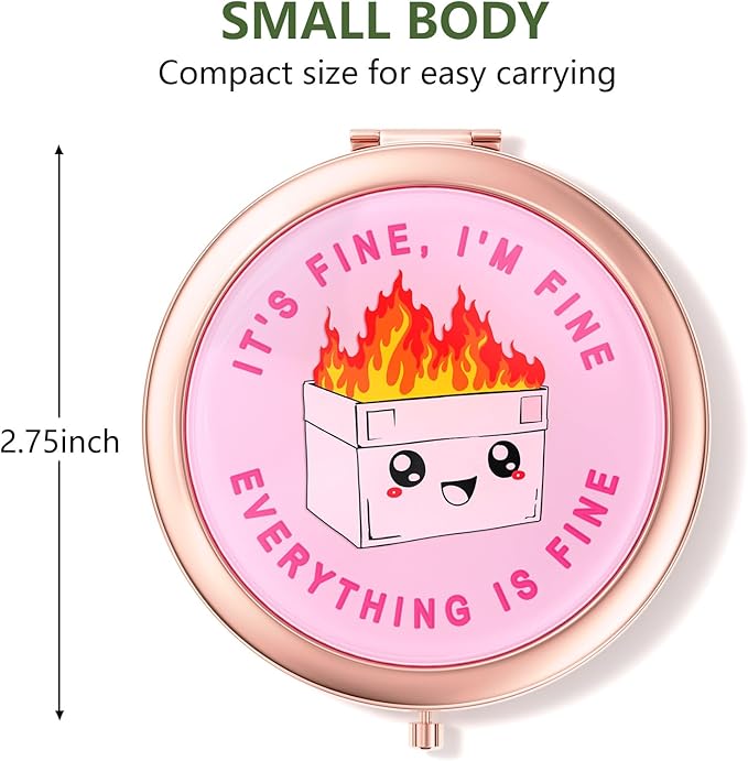 Nipichsha Compact Mirror, Pocket Travel Makeup Mirror, 2 - Sided 2X / 1X Magnification, Small Folding Portable Handheld, 2.75 in Rose Gold, Pink Cute Dumpster