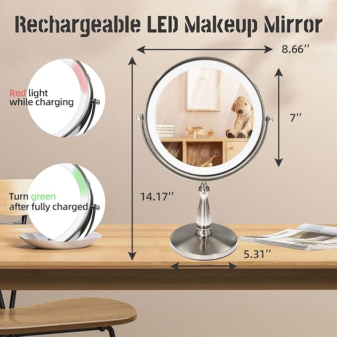 9 "Large Light Makeup Mirror, 1x / 10x True HD Magnifying Mirror, 3-Color Light dimmable, 2 Rechargeable Makeup Mirrors 360° Rotation, Standing Desk Makeup Mirror, Brush Nickel