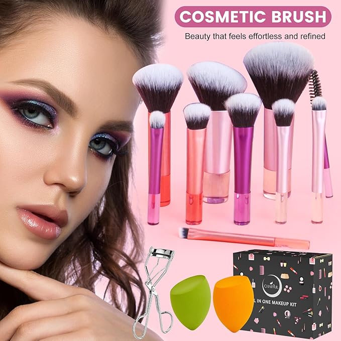 All in One Makeup Kit for Women Full Kit, Make Up Gift Set, Makeup Essential Bundle Includes Foundation Eyeshadow Palette Concealer Lipstick Eyeliner Eyebrow Stencils Mascara Cosmetic Brush Set