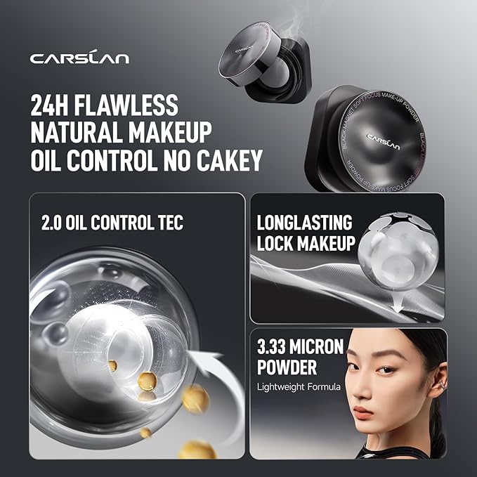 CARSLAN 2.0 Black Magnet Soft Focus Make Up Powder, Waterproof Loose Setting Powder, 24H Longlasting, Oil Control, Talc-Free Face Powder, 01 Light Purple For Dry&Com Skin, 0.28Oz