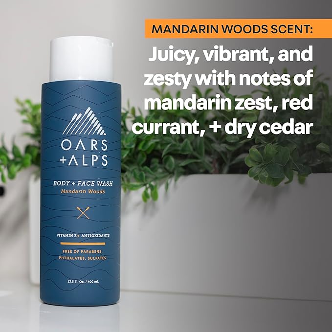 Oars + Alps Mens Moisturizing Body and Face Wash, Skin Care Infused with Vitamin E and Antioxidants, Sulfate Free, Mandarin Woods, 13.5oz, 3 Pack