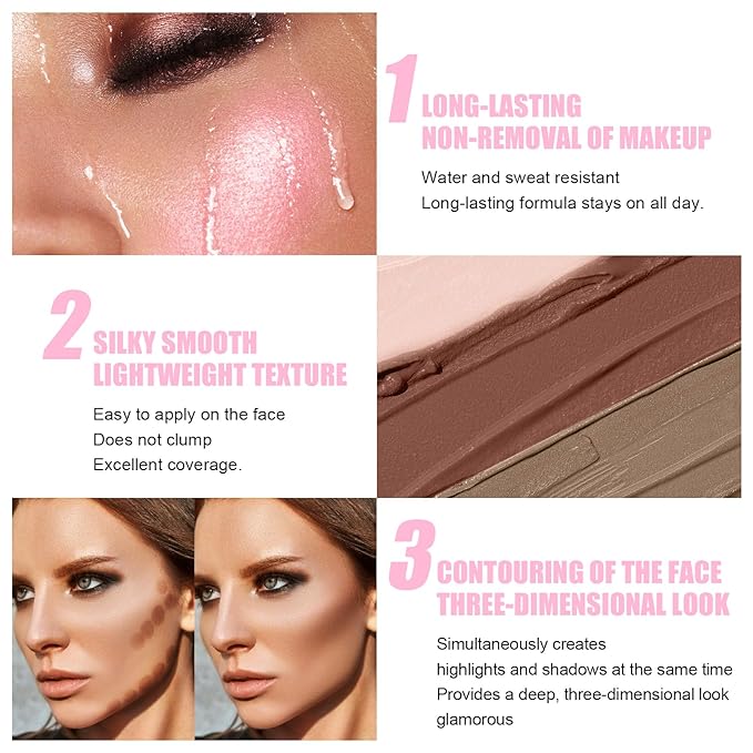 6 Colors Cream Contour Stick Makeup Kit, Shades with Highlighter Stick, Blush Stick and Double-End Bronzer Stick for Sculpt the Cheeks, Waterproof,Dewy & Matte Finish for Beginners