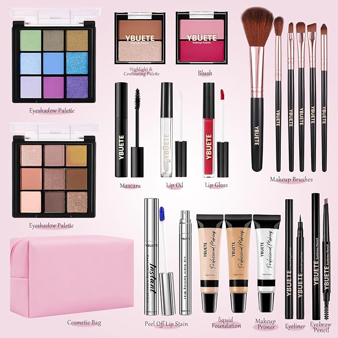 Makeup Full Kit for Beginners Girls Women, Travel Makeup Set Present for Her,Cosmetic Set Include Eyeshadow Blush Lip Gloss Peel Off Lip Stain Eyeliner Mascara Eyebrow Pencil Cosmetic Bag