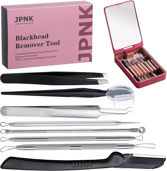 JPNK Blackhead Remover Tool Comedones Extractor Acne Removal kit & Eyebrow Trimmer Kit, 8PCS in One with 5X Magnifying Mirror