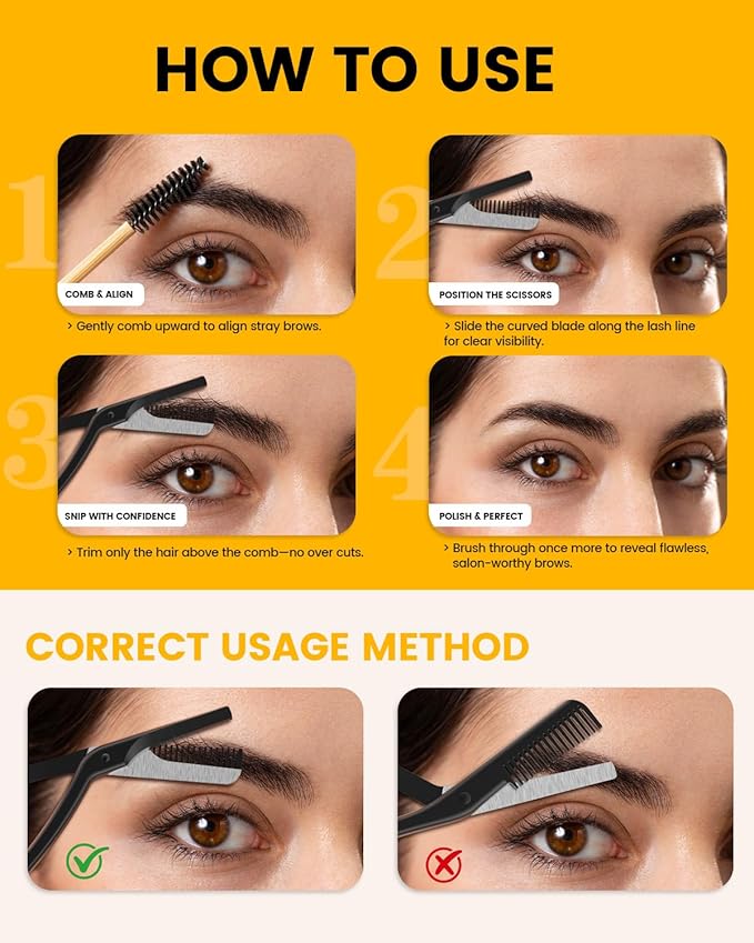 BEZOX Eyebrow Scissors with Comb - Stainless Steel Eyebrow Trimmer for Women and Men, Precision Eye Brow Comb Scissors, Sleek Eyebrows Shaping Grooming Kit - Black