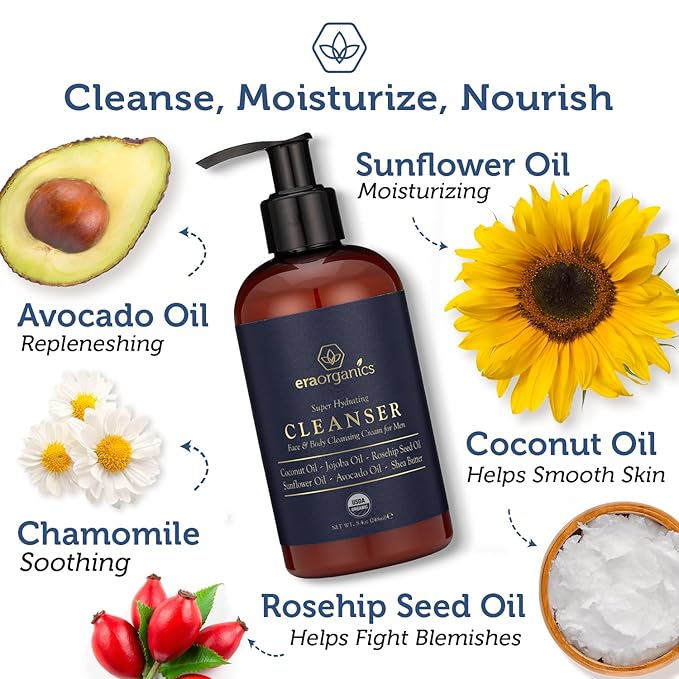 Era Organics USDA Organic Men's Face Wash - Nourishing, Hydrating Facial, Body Cleanser for Smoother Skin