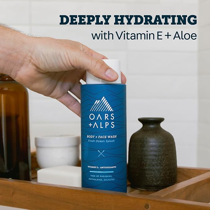 Oars + Alps Body Wash for Men, Mens Body Wash with Vitamin E and Antioxidants, Moisturizing, Hydrating, Paraben & Sulfate Free Cleanser, Fresh Ocean Splash, 1pk