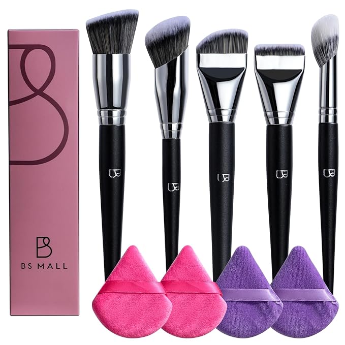 BS-MALL 5 Pcs Professional makeup brush set with Ultra-soft 4 Triangle Puffs - eyeshadow Brush, concealer Brush, blush brush & foundation brush - Multi-functional beauty Tools for Daily Use