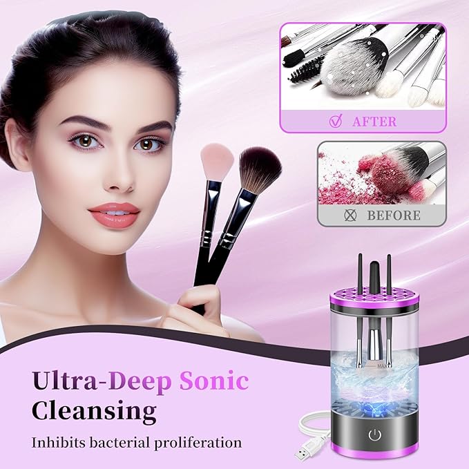 Electric Makeup Brush Cleaner, Quick Efficient Machine for Deep Cleaning All Types of Brushes, Portable Compact Design for Travel Home Use, for Makeup Lovers & Professionals - Purple