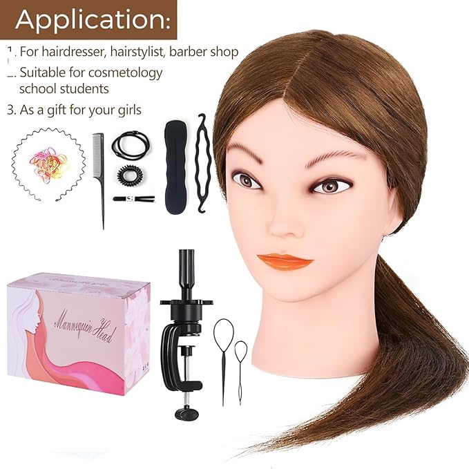 Mannequin Head with 100% Real Human Hair, Beauty Star Manikin Doll Head for Hair Styling, Cosmetology Hairdressing Training Practice Head with Clamp Stand and Braiding Accessories Kit (18" Dark Brown)
